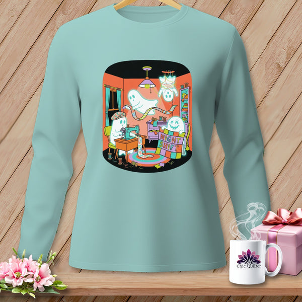 Ghosts sewing at a machine and on a quilt with "Night Shift" text.