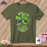Olive green t-shirt with quilt-style skull graphic and 