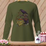Olive green long sleeve shirt with ravens, sewing machine, and 