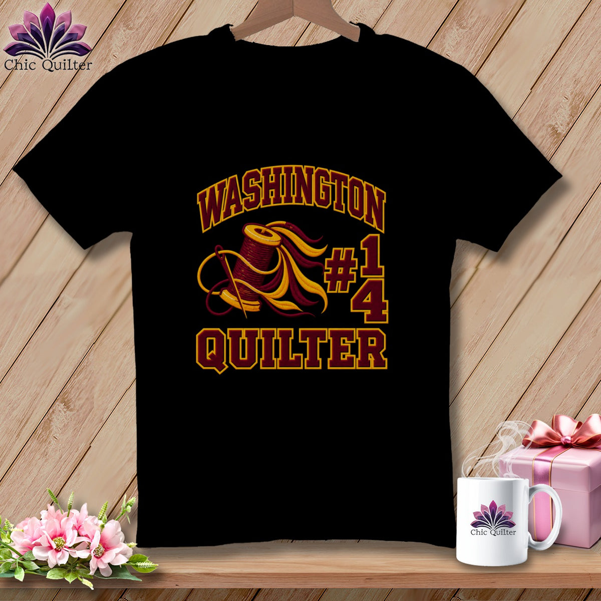 Black t-shirt featuring a red and yellow graphic with text reading Washington #14 Quilter.