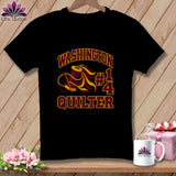 Black t-shirt featuring a red and yellow graphic with text reading Washington #14 Quilter.