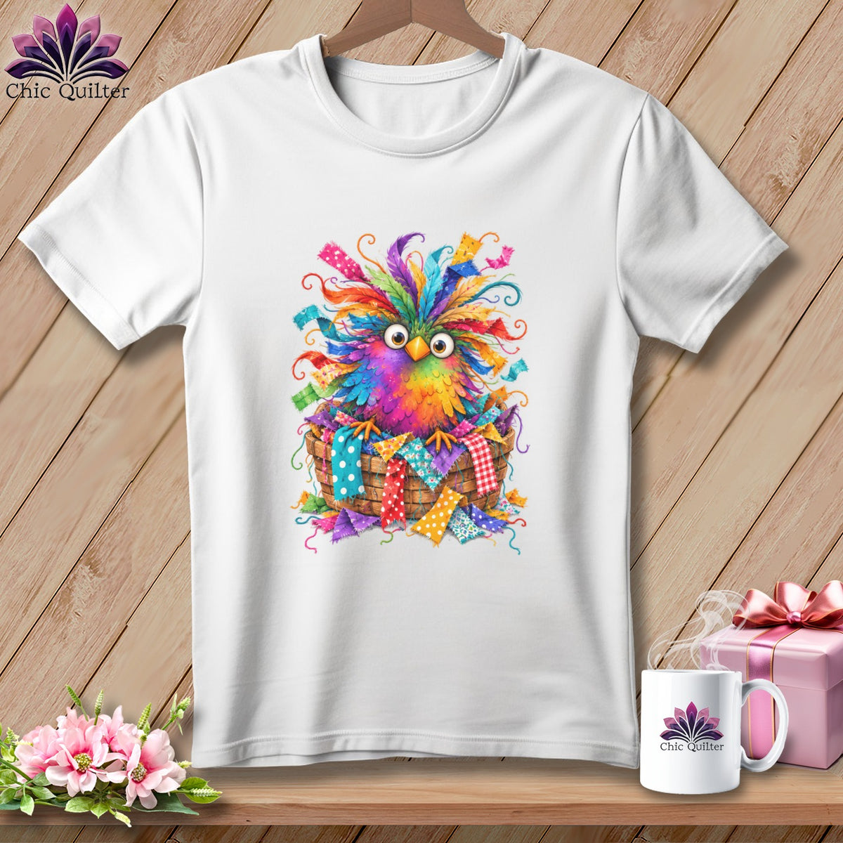 A white t-shirt featuring a colorful, whimsical bird sitting in a basket of fabric scraps.