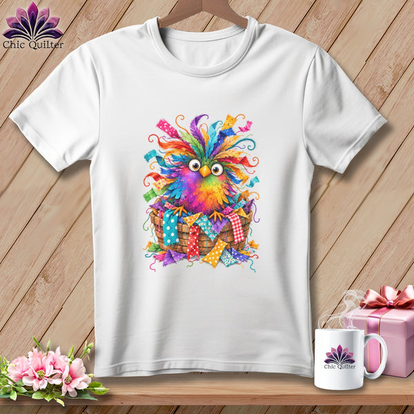 A white t-shirt featuring a colorful, whimsical bird sitting in a basket of fabric scraps.