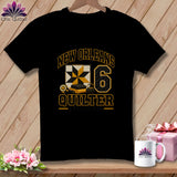 Black short-sleeved t-shirt with a New Orleans Quilter graphic featuring a quilt block and number six.