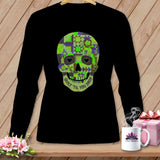 Black long-sleeve shirt with a green and purple patchwork skull graphic saying 
