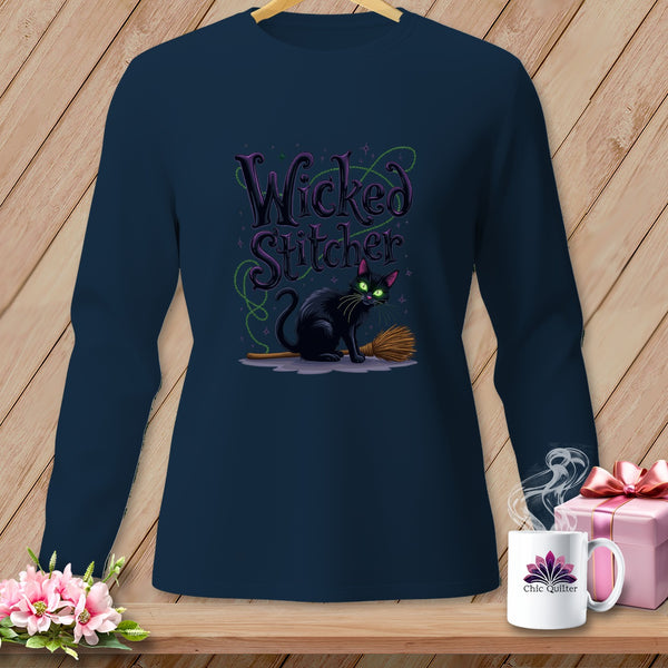 Navy long sleeve shirt with "Wicked Stitcher" text and a black cat on a broom.
