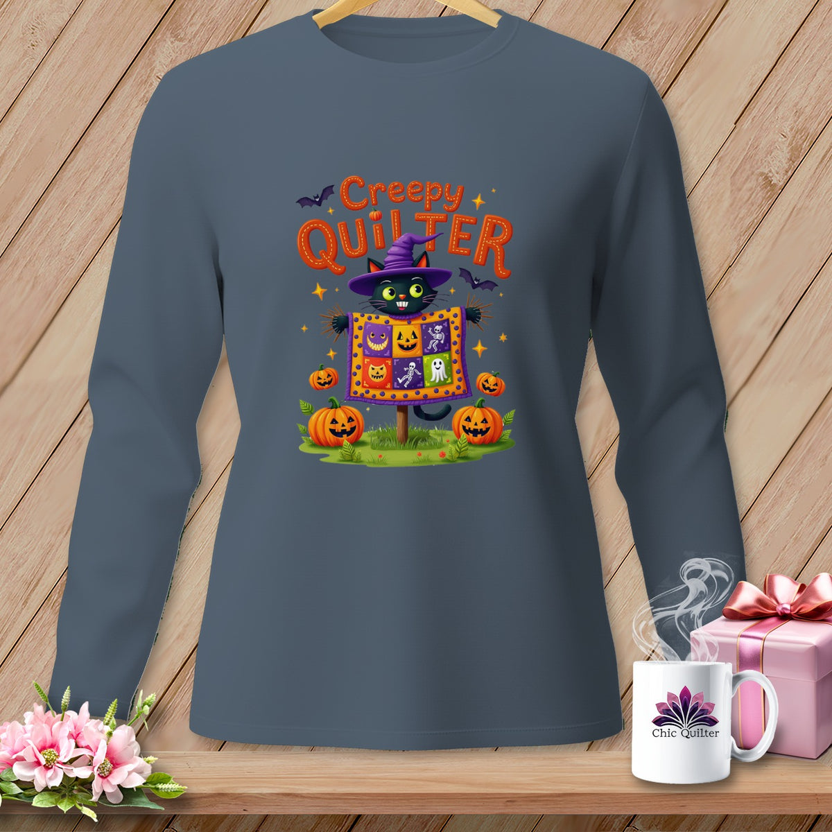 Black cat in witch hat with "Creepy Quilter" text and Halloween graphics.