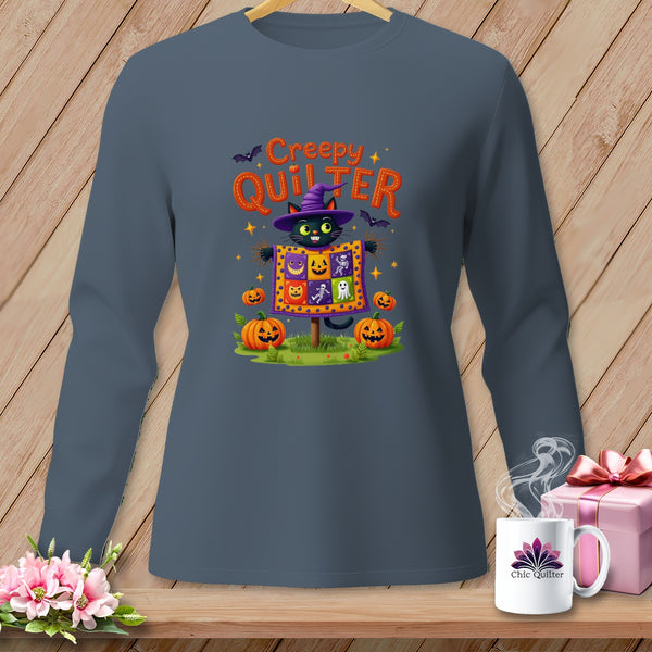 Black cat in witch hat with "Creepy Quilter" text and Halloween graphics.