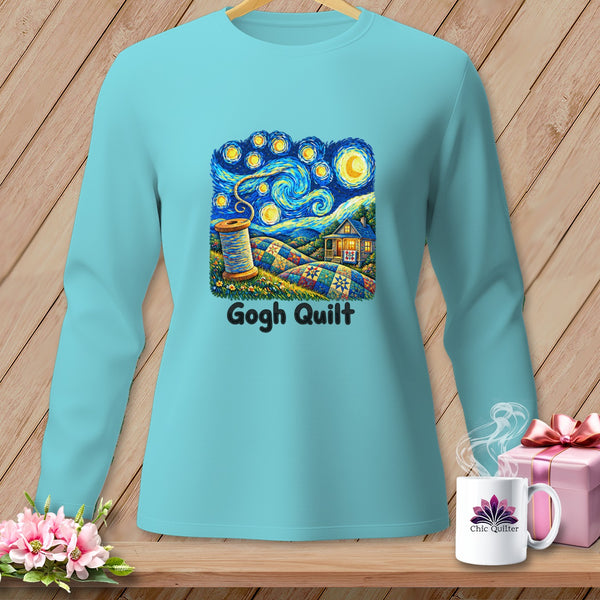 Light blue long-sleeve shirt with "Gogh Quilt" text and Van Gogh-inspired art.