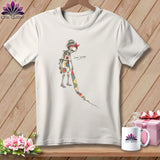 White t-shirt with a skeleton sewing, saying 