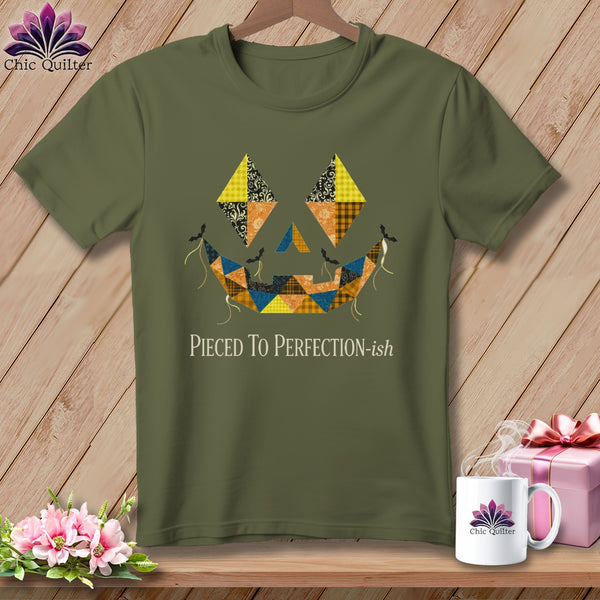 Olive t-shirt with a patchwork jack-o'-lantern face and text.