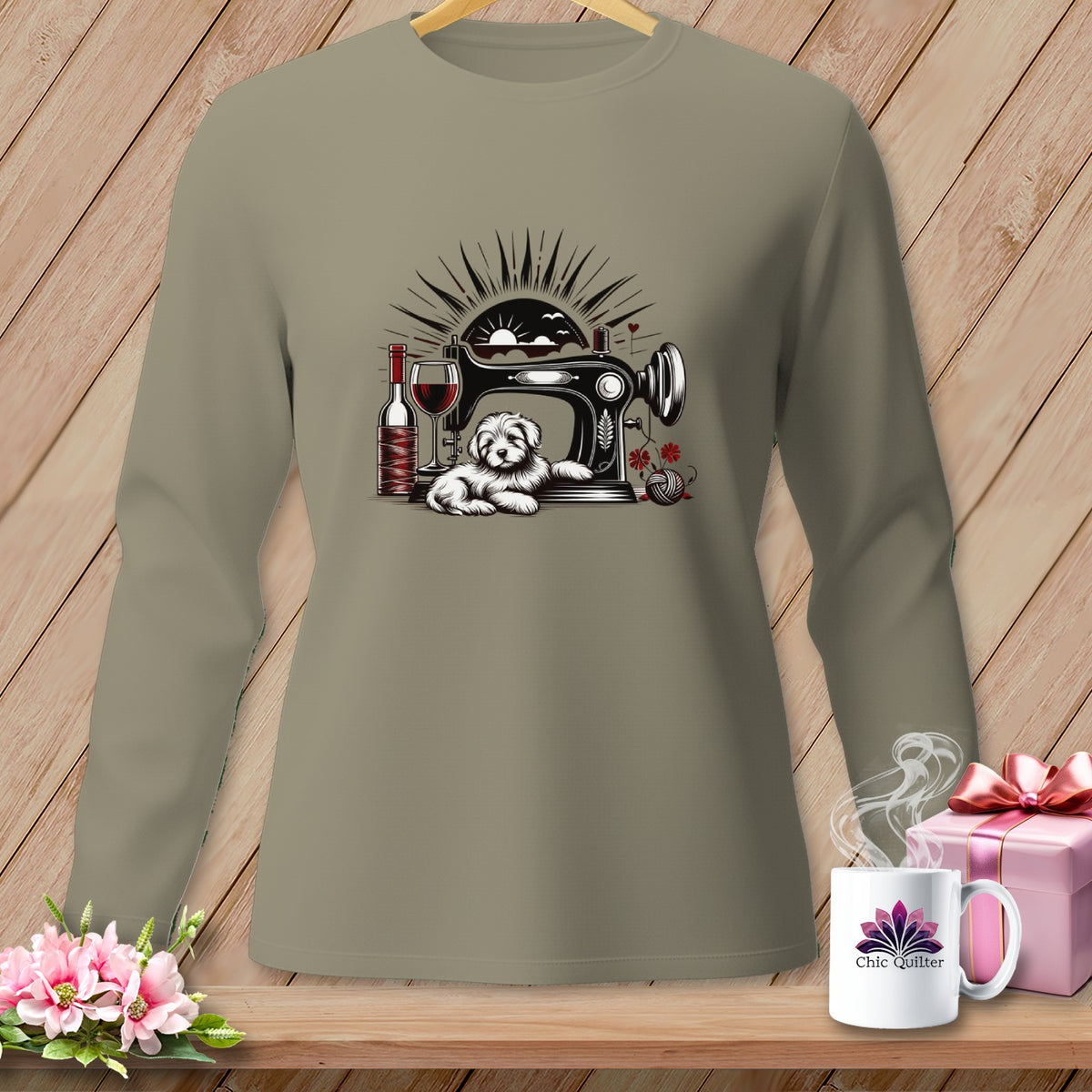 Long sleeve shirt graphic with sewing machine, dog, wine, and yarn.