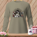 Long sleeve shirt graphic with sewing machine, dog, wine, and yarn.