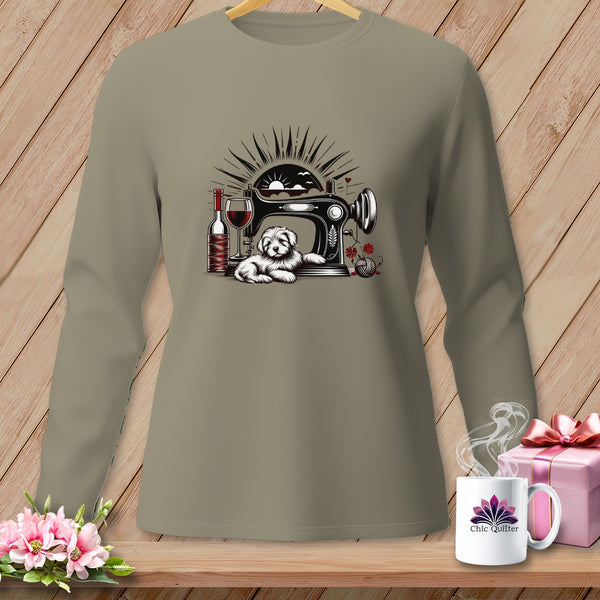 Long sleeve shirt graphic with sewing machine, dog, wine, and yarn.
