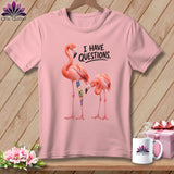 Pink t-shirt with two flamingos and text 