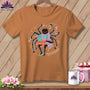 Brown t-shirt featuring a spider sewing with multiple arms, holding coffee, text "MULTITASKING".