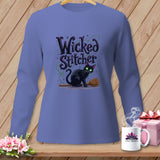 Long sleeve shirt with black cat, broom, and 