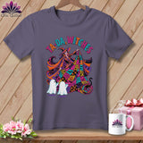 Purple t-shirt with Halloween graphic of a witch and ghosts, text 