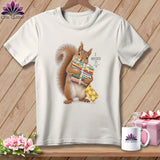 White t-shirt with squirrel holding fabric stacks and text 