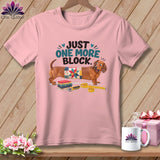 Pink t-shirt with dachshund wearing quilt block and text 