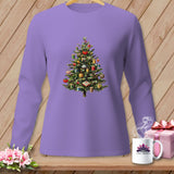 Purple long-sleeve shirt with a Christmas tree adorned with sewing spools.