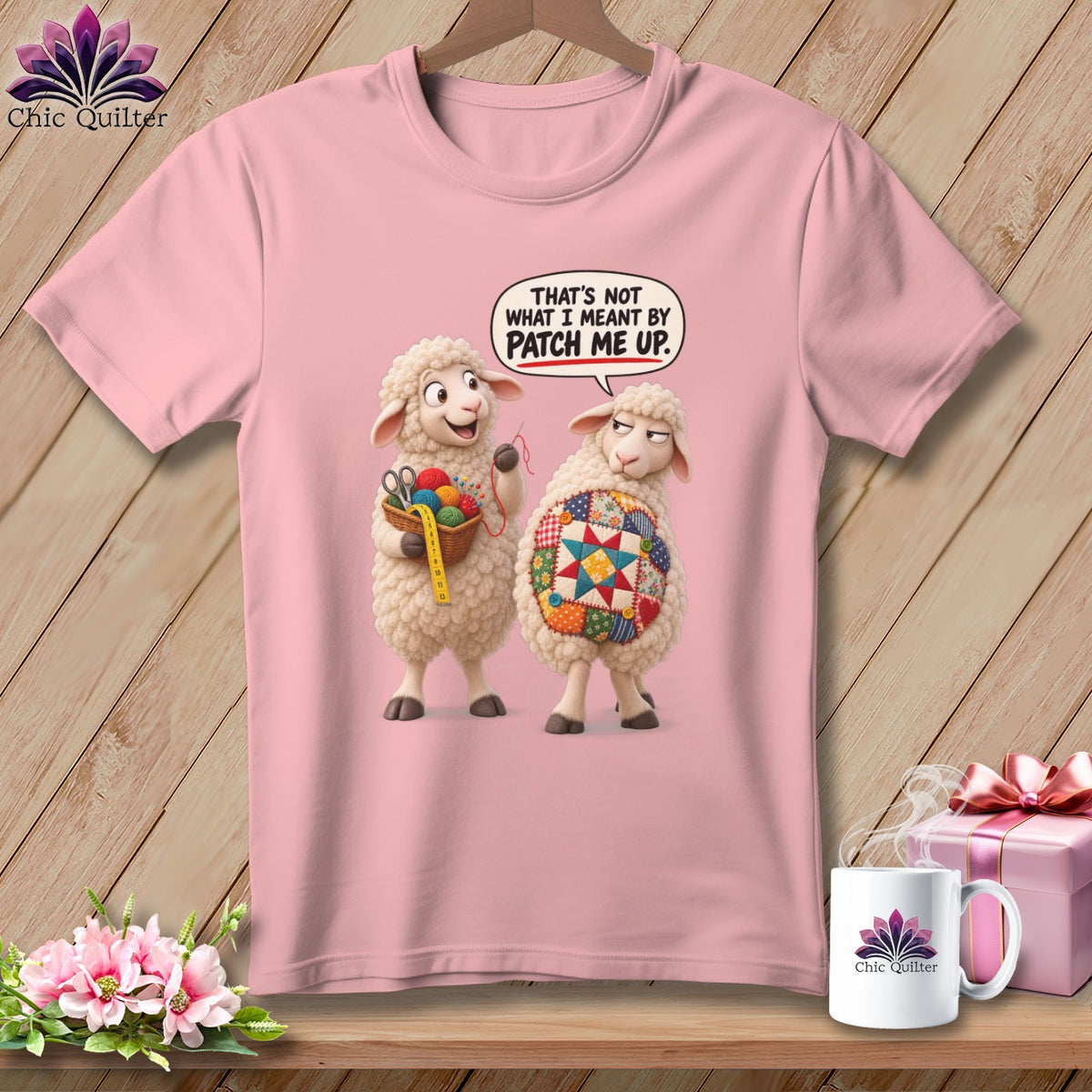 Two sheep, one holding sewing supplies, with text reading "That's not what I meant by patch me up."