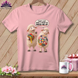 Two sheep, one holding sewing supplies, with text reading 