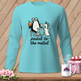 Teal long-sleeve shirt with a cartoon penguin at a sewing machine and the text 