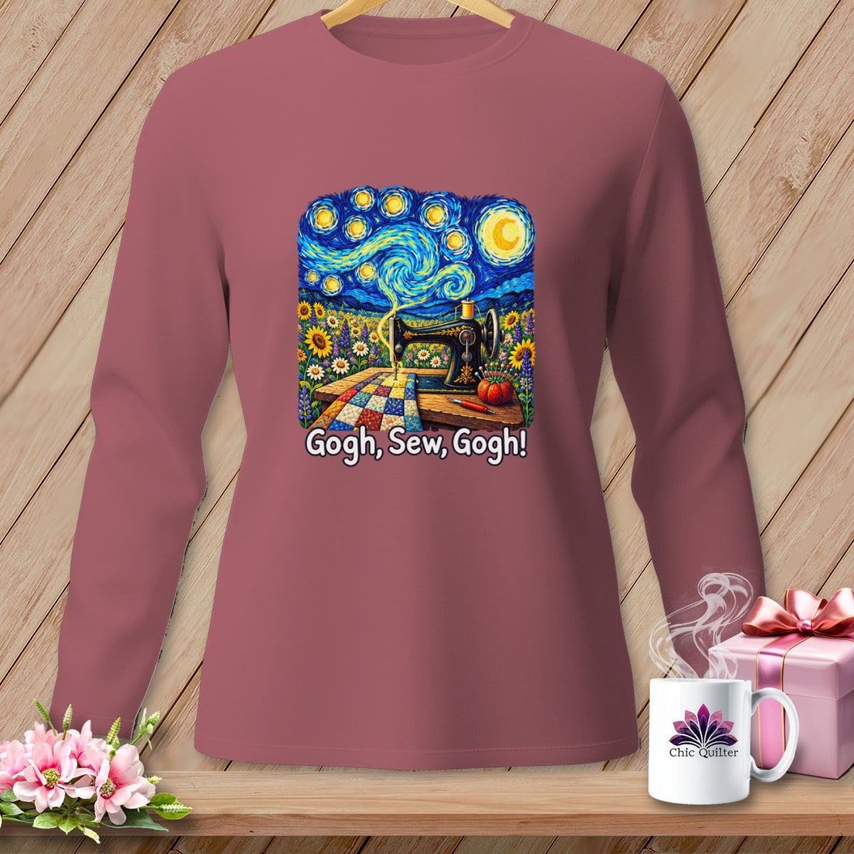 Long-sleeved rose-pink shirt with a Van Gogh-style sewing scene and text "Gogh, Sew, Gogh!"