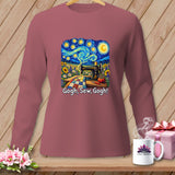Long-sleeved rose-pink shirt with a Van Gogh-style sewing scene and text 