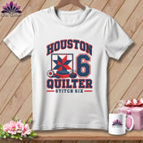 A white short-sleeved t-shirt with a blue and red graphic featuring the text Houston Quilter Stitch Six, a quilt block, and the number six.