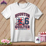 A white short-sleeved t-shirt with a blue and red graphic featuring the text Houston Quilter Stitch Six, a quilt block, and the number six.