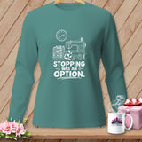 Teal long-sleeve shirt with sewing machine graphic and 
