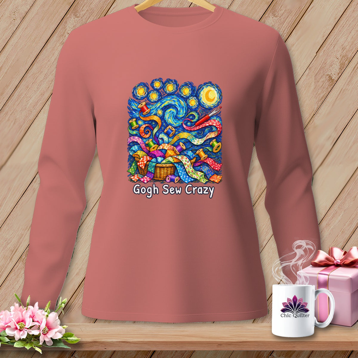 Long sleeve shirt with a Van Gogh-inspired sewing print and "Gogh Sew Crazy" text.