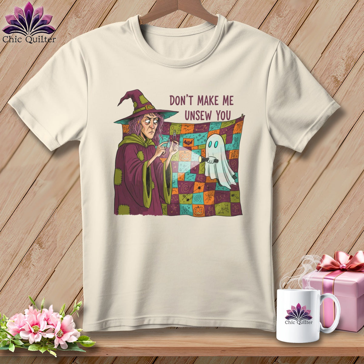 Witch with scissors and ghost with flashlight on patchwork fabric, "Don't Make Me Unsew You."