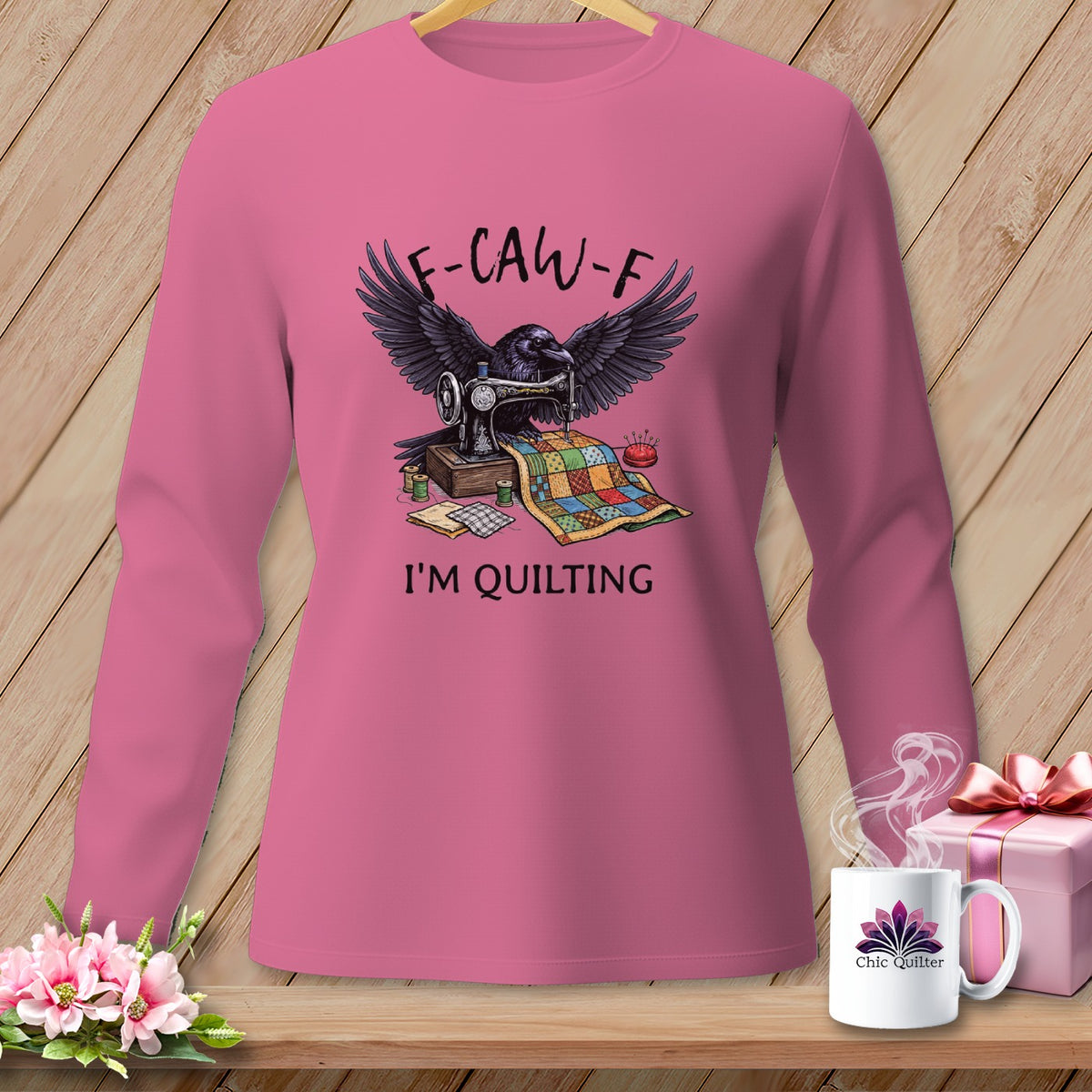 Raven at sewing machine with quilt. "F-CAW-F I'M QUILTING" text.