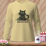Black cat tangled in colorful yarn with text 