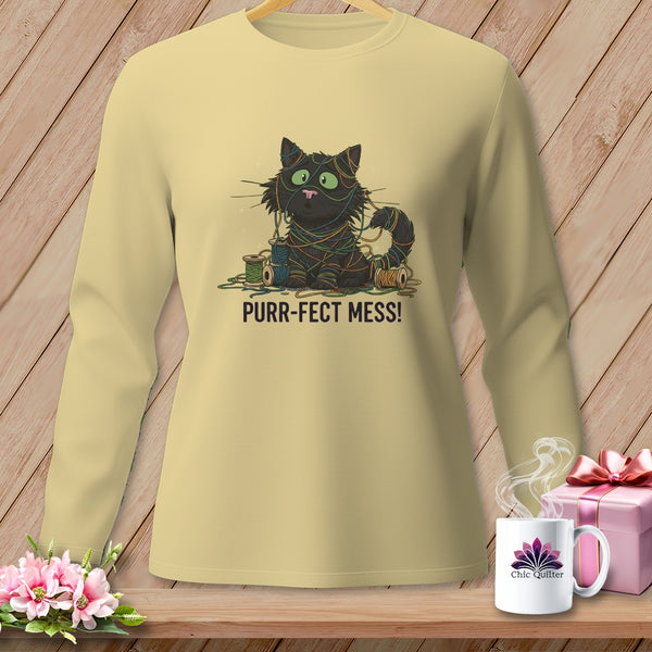 Black cat tangled in colorful yarn with text "PURR-FECT MESS!".