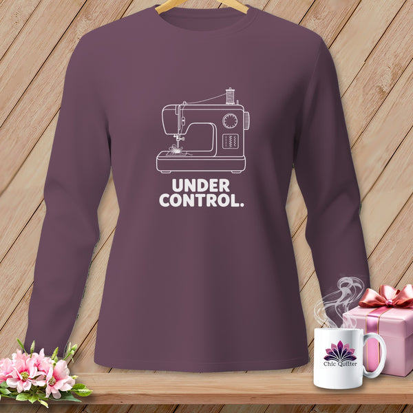 Long-sleeve shirt with white sewing machine graphic and text "UNDER CONTROL."