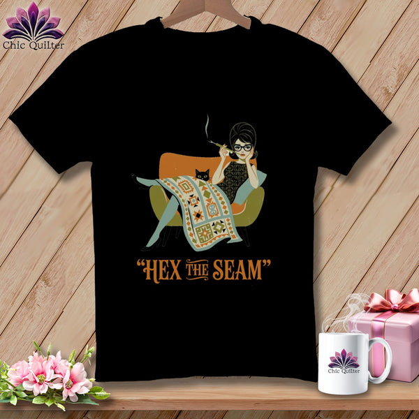 Black t-shirt with retro illustration of woman and cat with text "HEX the SEAM".