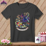 Witch on broom with quilt squares, measuring tape, and thread. Text: 