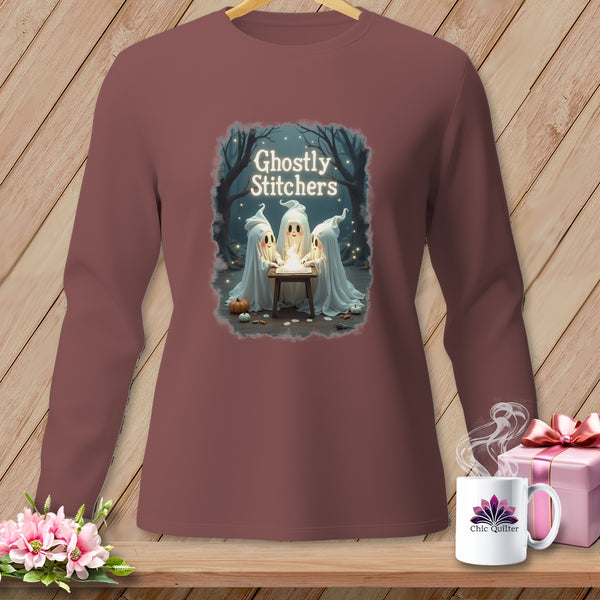 Brown long-sleeve shirt with "Ghostly Stitchers" and three ghosts around a candle.