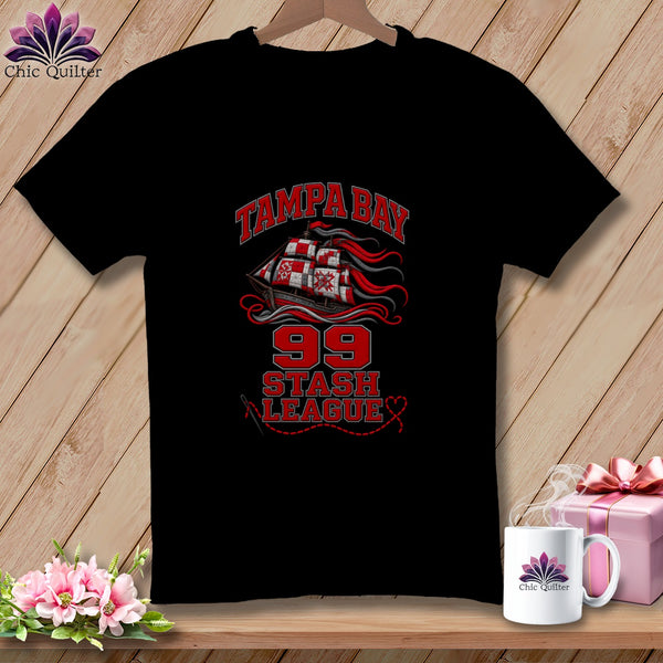 Black crewneck t-shirt with a Tampa Bay 99 Stash League graphic featuring a sailing ship.