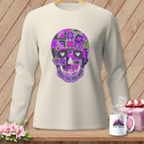 Cream long-sleeve shirt with a purple quilted skull graphic and 