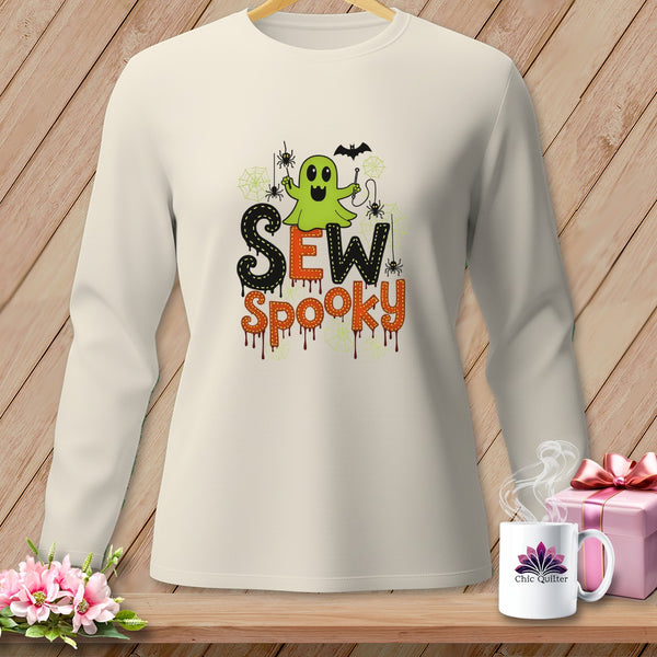 Cream long-sleeve shirt with Halloween ghost graphic and "Sew Spooky" text.