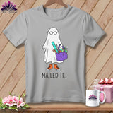Gray t-shirt with cartoon ghost holding sewing supplies and text 