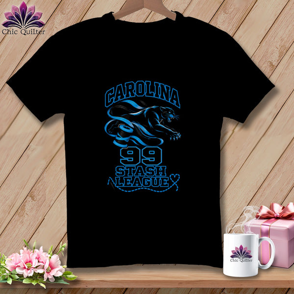 Black t-shirt featuring blue text reading "Carolina Stash League 99" alongside a leaping panther and spool graphic.