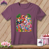 A purple t-shirt displays a graphic of tropical birds playing instruments in front of a colorful quilt.