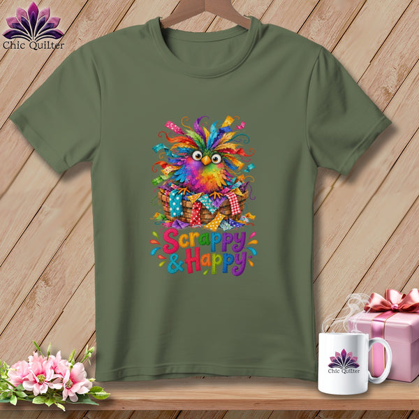 An olive green t-shirt displays a graphic of a colorful, feathered owl in a basket with the text Scrappy & Happy.