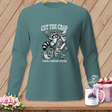 Long sleeve shirt with raccoon cutting fabric, text 
